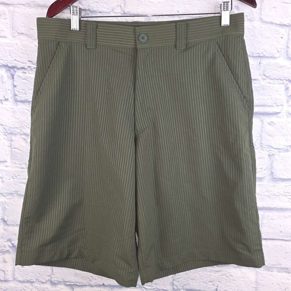 Under Armour HeatGear Mens Golf Shorts Olive Green Pinstripe Loose Fit Size 34
